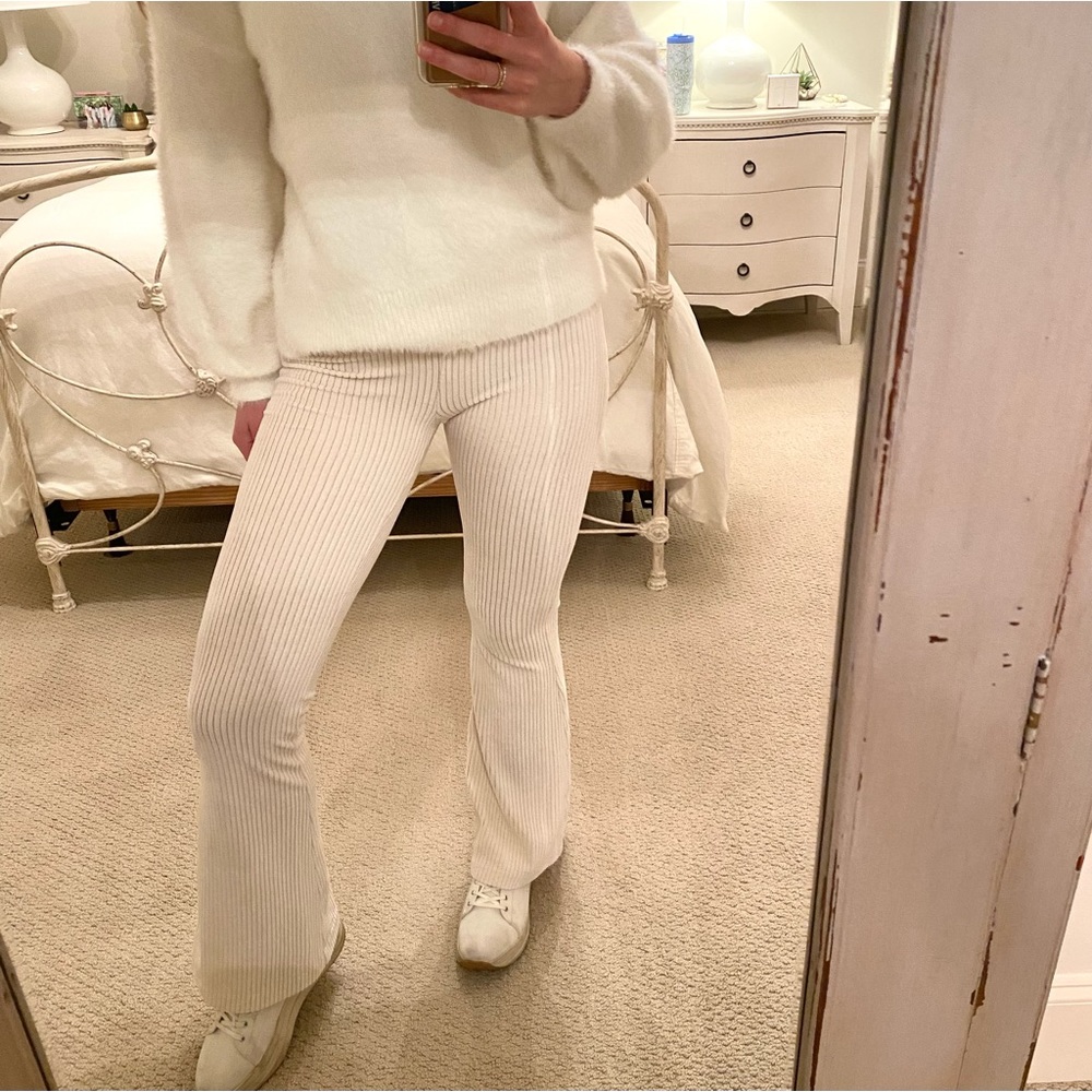 Aerie ribbed cream flare leg pants